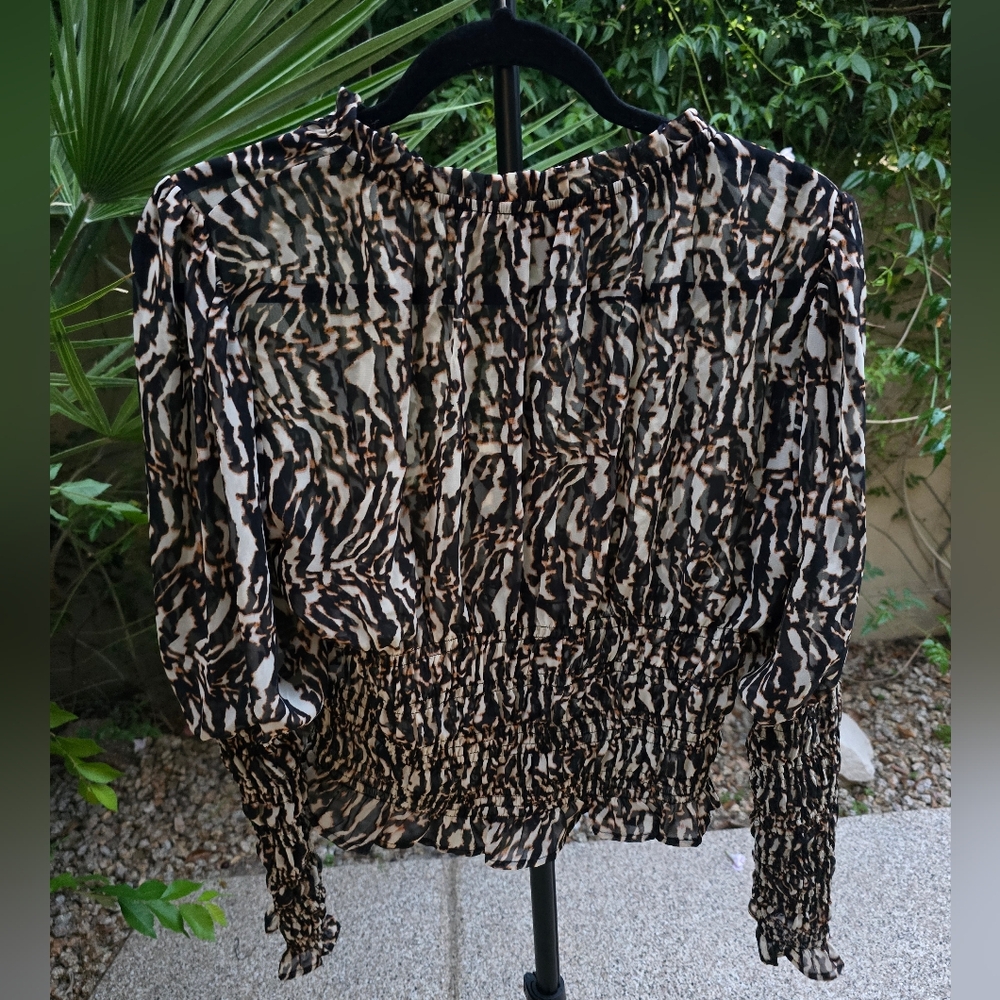 EUC Halogen Tan and Brown Sheer Blouse Top, Size Small - Picture 4 of 7